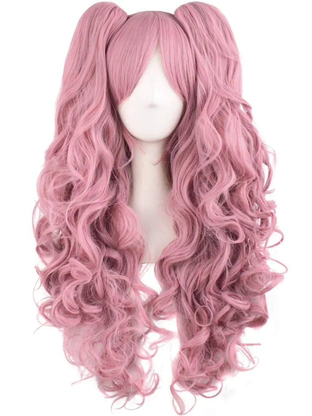 Women's Rouge Pink 28 Inch Lolita Long Curly 2 Ponytails Clip On Cosplay Wigs